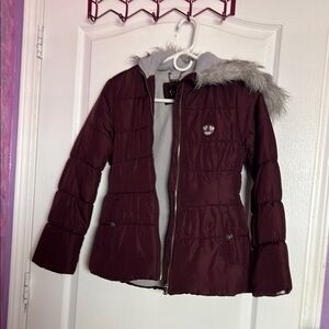 Jessica Simpson Red and Gray Puffer Jacket with Faux Fur Hood